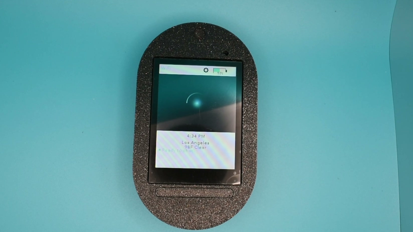 RoboLynk Lite assembled, screen showing the face, clock and weather